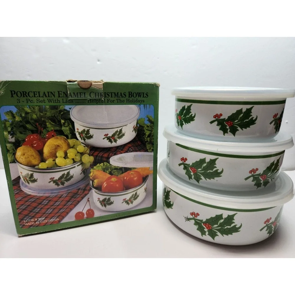 Vintage Christmas Porcelain Enamel On Steel Holly Berry Nesting Bowls Containers